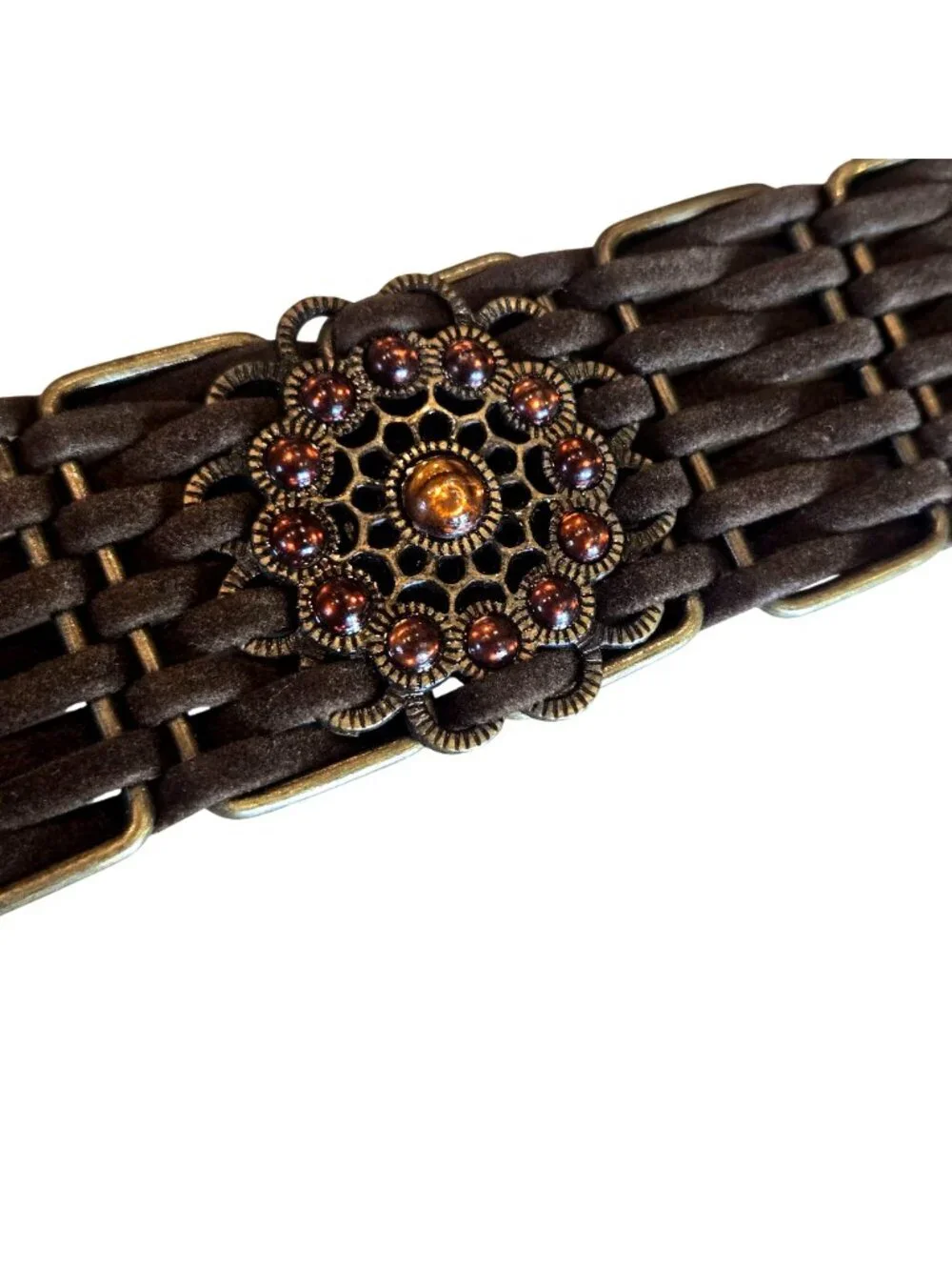 Chocolate Brown Braided Woven Faux Leather Ornate Concho Rhinestone Fringe Belt
